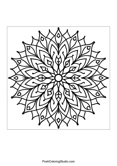 Flower mandala with a central flower and surrounding leaves.