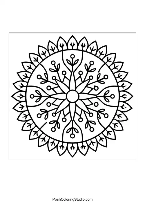 Symmetrical flower mandala with rounded petals and swirls.