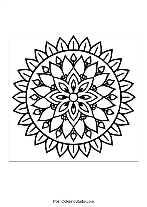Flower mandala with circular patterns and petal designs.