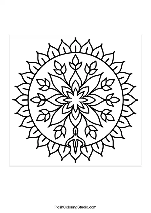 Flower mandala with a star-like center and petal patterns.