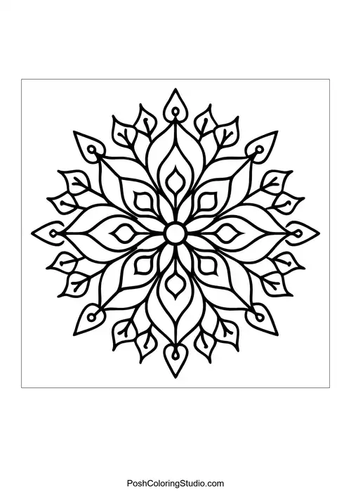 Flower mandala with pointed petals and circular designs.