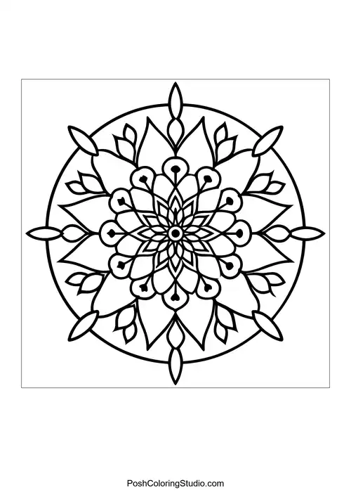 Flower mandala with intricate petal shapes and leaf patterns.