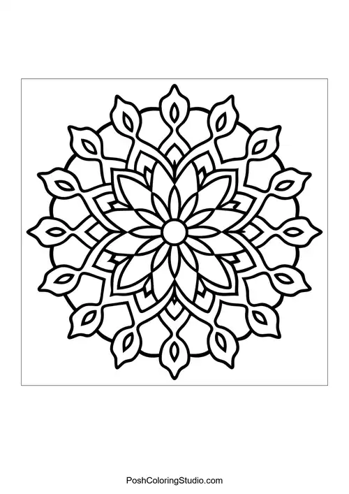 A symmetrical flower mandala with pointed petals and circular patterns.
