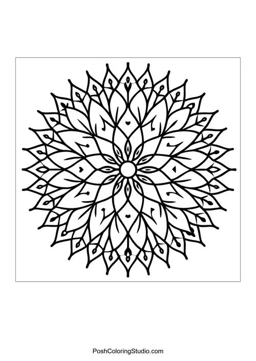 A detailed mandala with intertwining leaf patterns and a central circle.