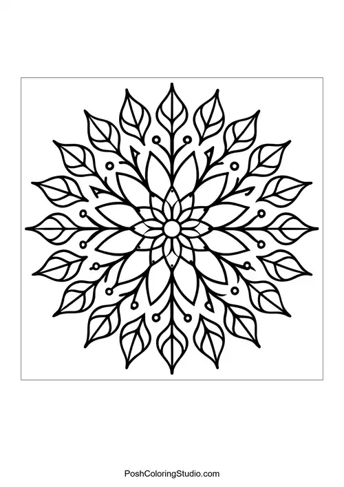 A detailed mandala with layered petals and delicate leaf patterns.