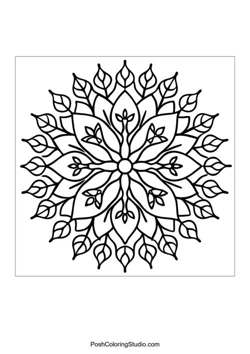 A flower mandala with a central bloom and surrounding leaf motifs.