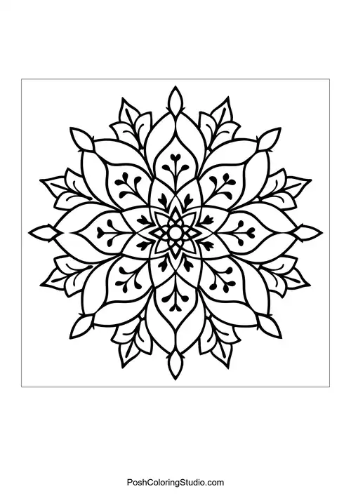 A symmetrical mandala with a floral design and intricate details.