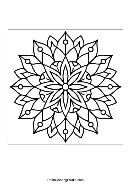 Flower mandala with a circular design and petal patterns.