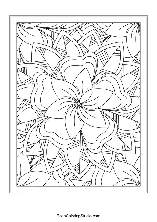 A symmetrical flower design with layered petals and leaf accents.