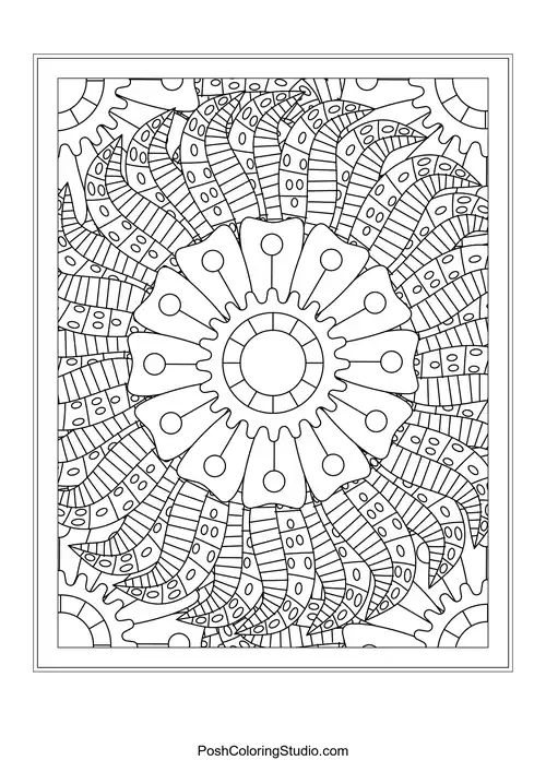 A circular floral design with layered petals and leaf motifs.