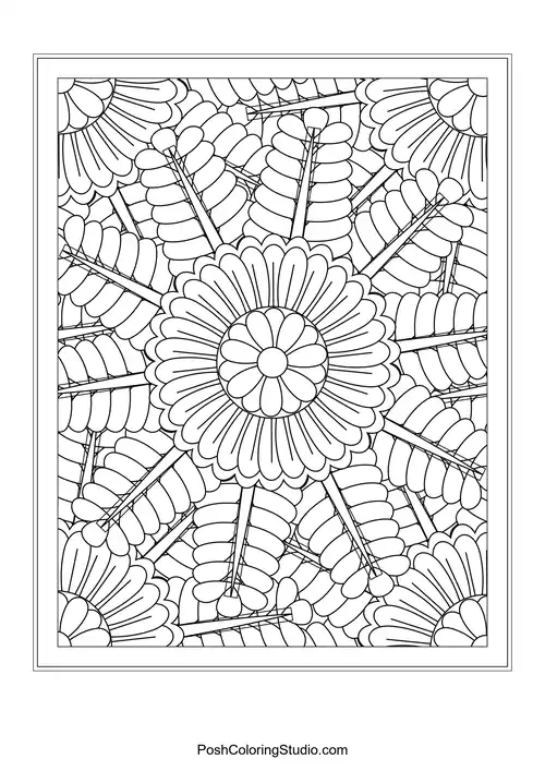 A floral design with a central flower and surrounding leaf patterns.