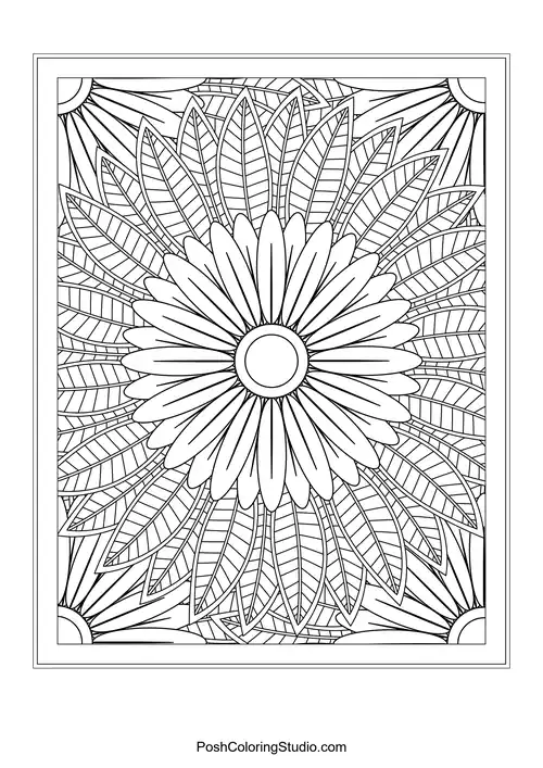 A floral pattern with layered petals and circular accents.