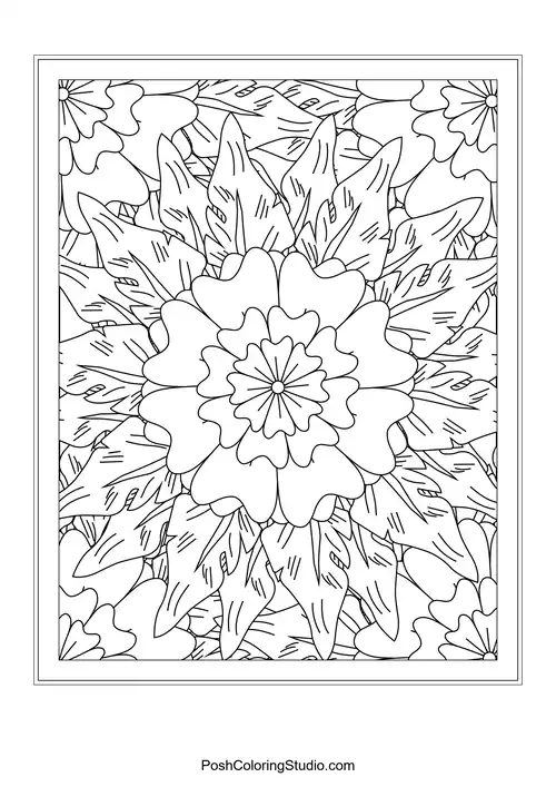A bold flower design with rounded petals and intricate details.