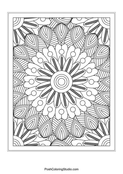 A circular floral design with pointed petals and leaf patterns.