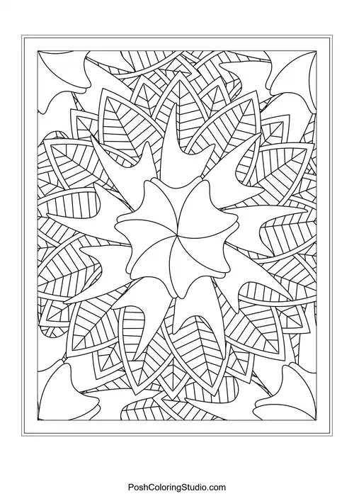 A floral design with rounded petals and intricate leaf details.