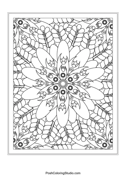 A symmetrical flower design with layered petals and circular motifs.