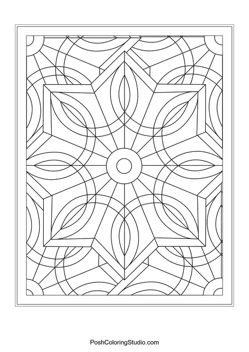 A symmetrical flower design with layered petals and circular motifs.