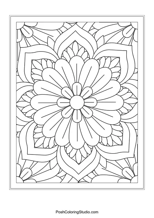 A floral design with rounded petals and intricate leaf details.