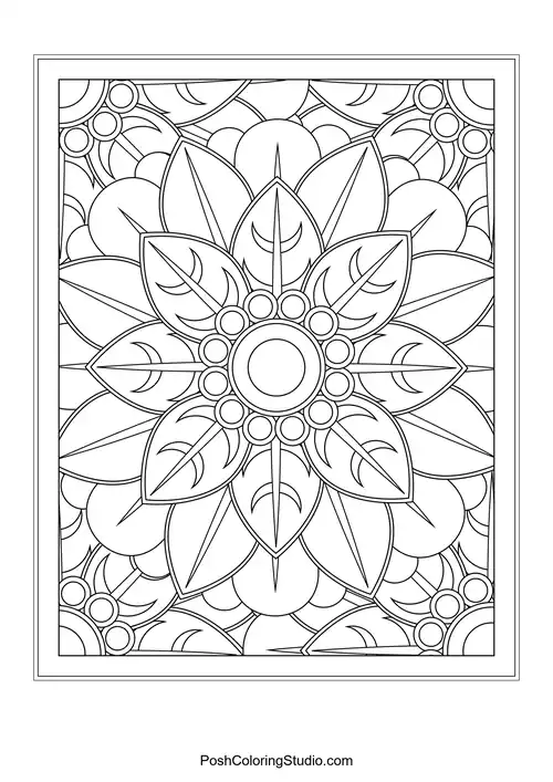 A circular floral design with pointed petals and leaf patterns.