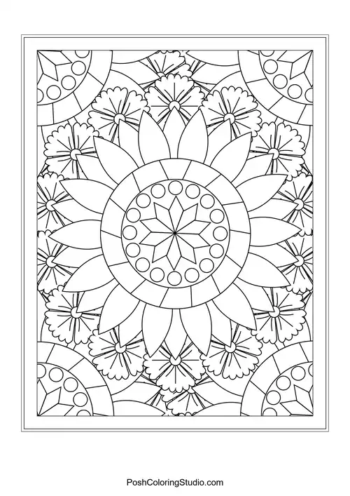 A floral design with rounded petals and intricate leaf details.