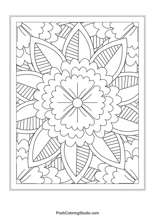 A symmetrical flower design with layered petals and circular motifs.