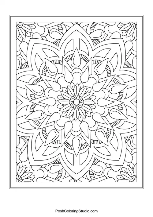 A bold flower design with rounded petals and leaf accents.