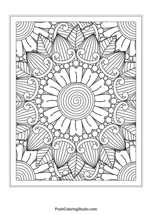 A circular floral design with layered petals and leaf motifs.