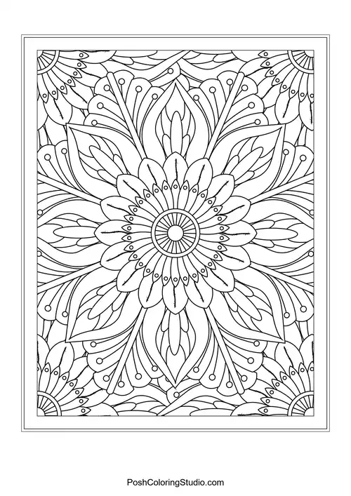 A bold flower design with rounded petals and intricate details.
