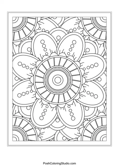 Intricate mandala with angular shapes and curves.
