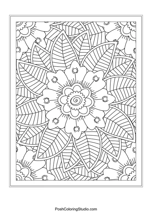 A floral mandala with layered petals and intricate leaf patterns.