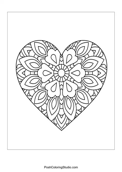 A heart shape adorned with petal-like designs and a central flower.