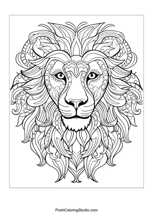 A lion's head with elaborate designs and a majestic appearance.