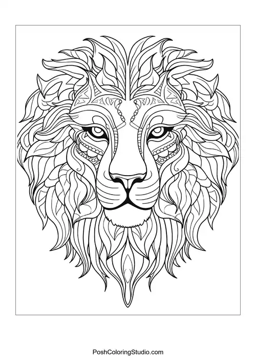A lion's face with intricate patterns and a flowing mane.