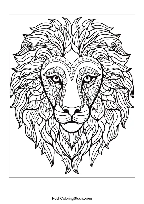 A lion's head with ornate designs and a detailed mane.