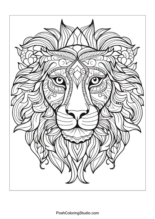 A lion's face with decorative patterns and flowing hair.
