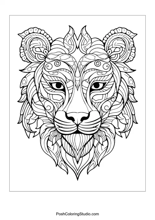 A lion's head with intricate designs and a majestic mane.