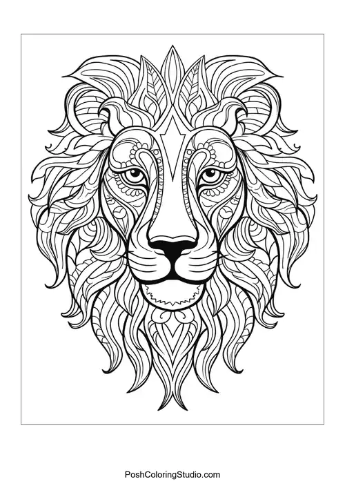 A lion's face with intricate patterns and flowing mane details.