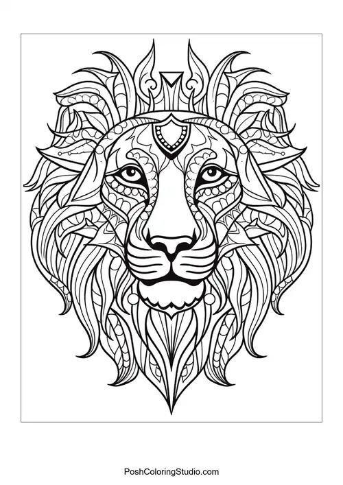 A lion's head with ornate designs and a detailed mane.