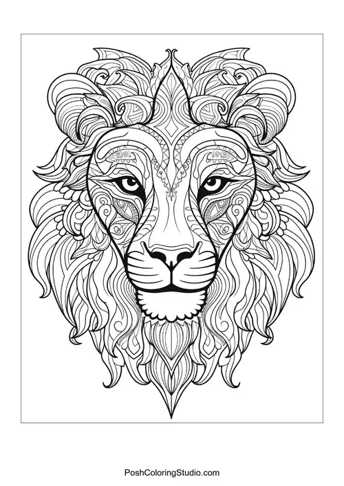 A lion's face with decorative patterns and flowing hair.
