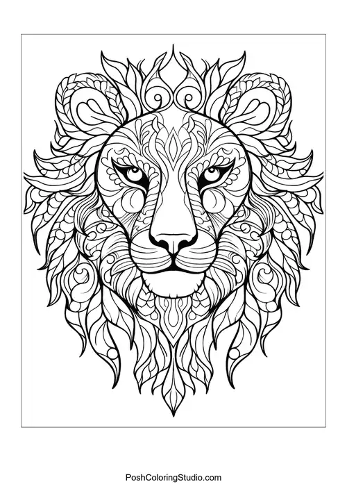 A lion's face with intricate patterns and flowing mane details.