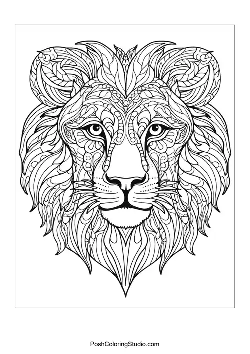 A lion's head with ornate designs and a detailed mane.