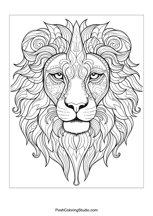 A lion's head with intricate designs and a majestic mane.