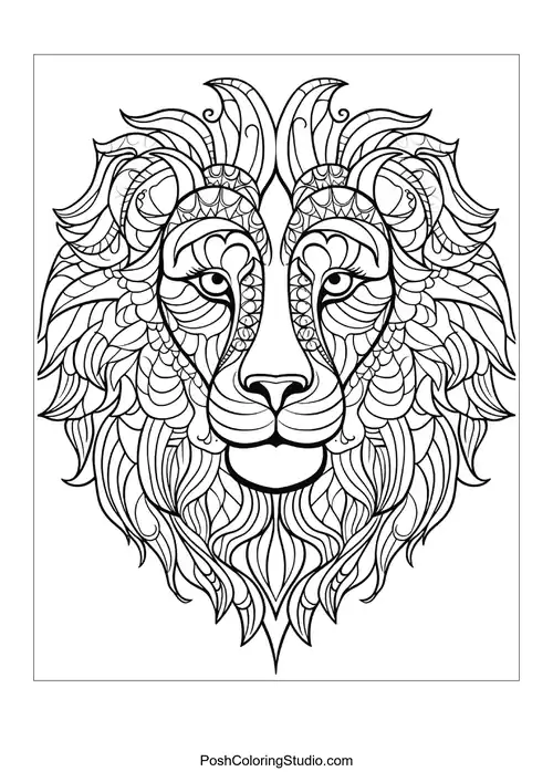 A lion's face with decorative patterns and flowing mane details.
