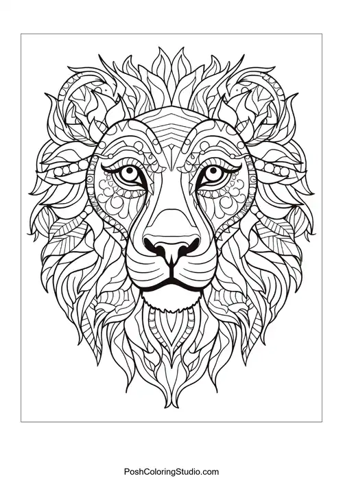 A lion's face with intricate mandala patterns in its mane.