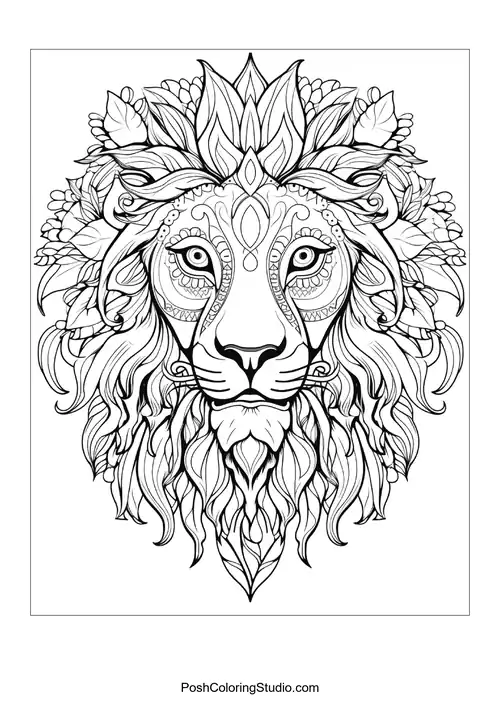 A lion's face surrounded by leaves and floral designs.