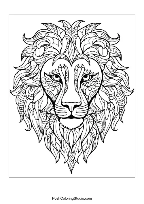 A lion's face with swirling patterns and detailed fur.