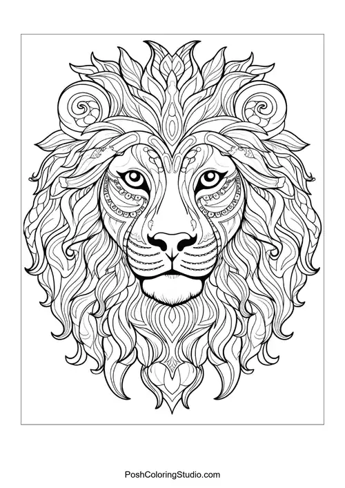 A lion's face with ornate patterns and flowing lines.