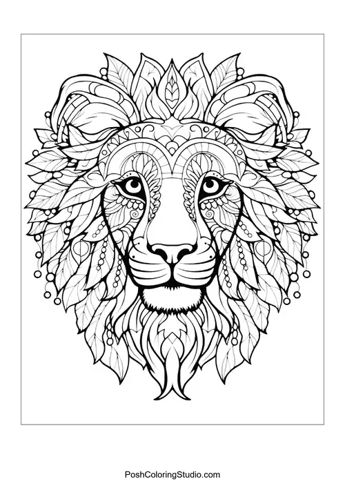 A lion's face embellished with beads and floral designs.