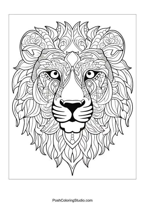 A lion's face with detailed geometric and floral designs.