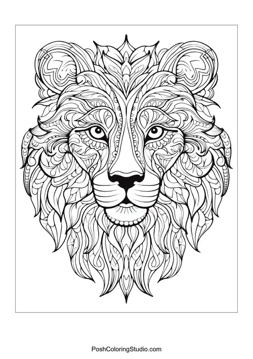 A lion's face with intricate line work and decorative elements.
